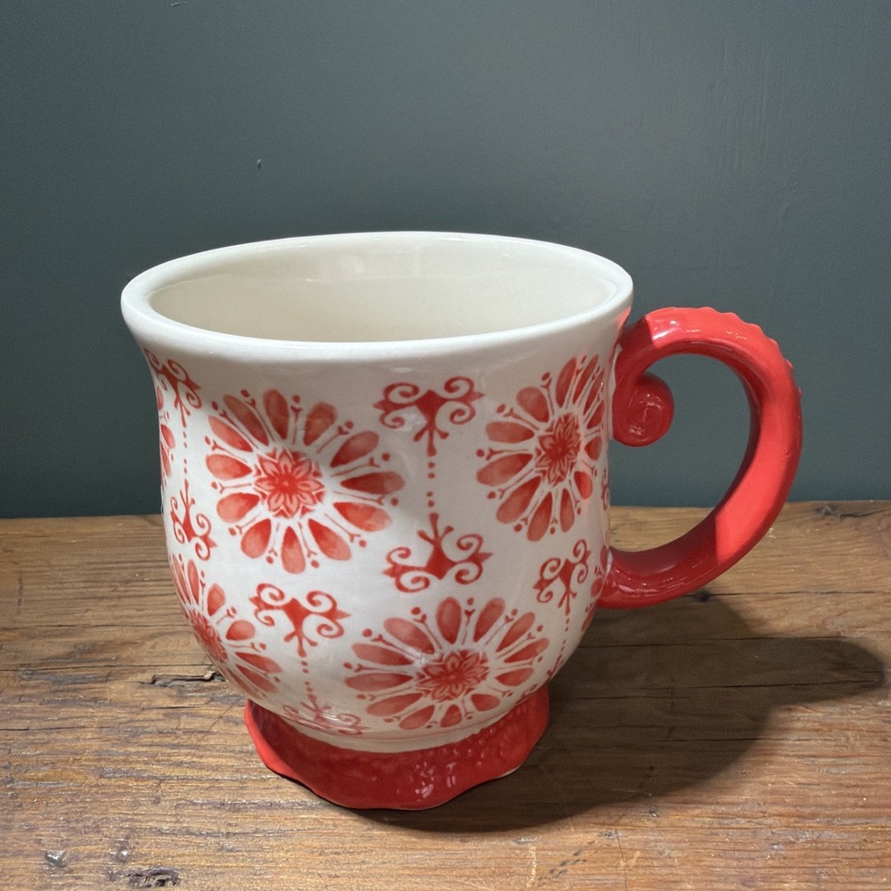 Pioneer Woman Mug Red Floral Burst Oversize Footed Stoneware CoffeeTea Cup 19oz